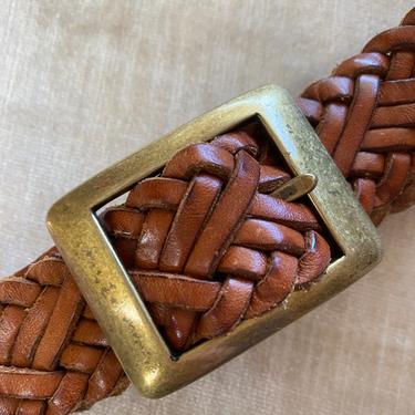 90’s woven brown Leather belt Braided leather belt brass buckle slim thin skinny trousers belt~ mahogany size medium 