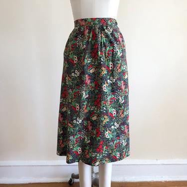 Red and Yellow Floral Print Cotton Midi Skirt - 1970s 