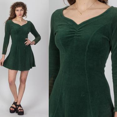 90s Emerald Green Velour Mini Dress - Small to Medium | Vintage Sun Faded Sweetheart Neck Grunge Long Sleeve Skater Dress 