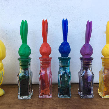 60's Vintage Ruby's Bunny Easter Egg Dyes, Easter Bunny Square Glass Dye Bottles, Set Of 5 