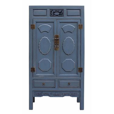 Chinese Distressed Gray Blue Lacquer Tall Armoire Storage Cabinet cs2238S