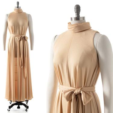 Vintage 1970s Maxi Dress | 70s Champagne Gold Jersey Trapeze Turtleneck Belted Fit and Flare Full Length Tent Dress (small/medium/large) 