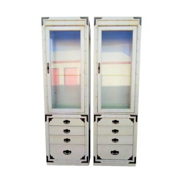 Pair Faux Bamboo Campaign Display Cabinets by Thomasville Huntley 