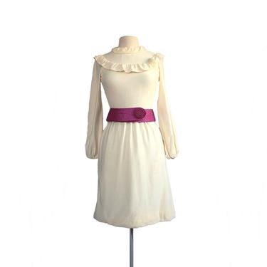 Vintage 60s Harold Levine winter white ruffle dress/ long sleeve wool crepe ivory day dress/ cream wool dress 