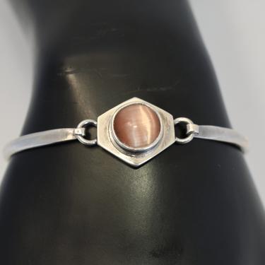 Handsome 90's Mexico 925 silver apricot cat's eye hexagonal hinged bangle, edgy sterling chatoyant glass cab Modernist bracelet 