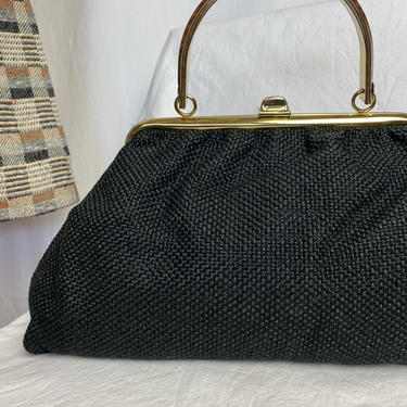 60’s black handbag~ nubby textured purse~ large Mod Purses~ unusual woven textile~ gold tone & tortoise look top handle 