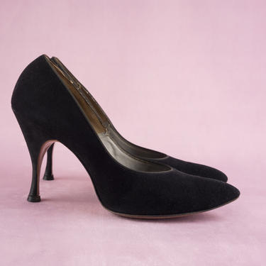 Vintage 1960s Rare Josette Black Velvet High Heels with Pointy Toes 