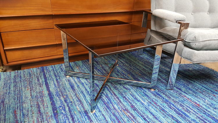 Vintage chrome side table with smoked glass top in the style of Ludwig Mies van der Rohe