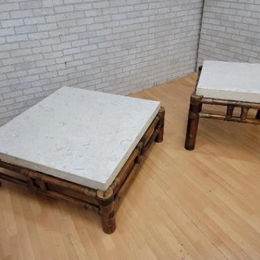 Vintage Budji Layug Style Bamboo and Fossiliferous Stone Slab Top Coffee & Cocktail Tables - Set of 2