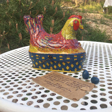 Vintage Chicken Hen Windup Laying Toy Baldwin Mfg Co New York NY Clucks Wood 4 Eggs Friction Tin Lithograph 