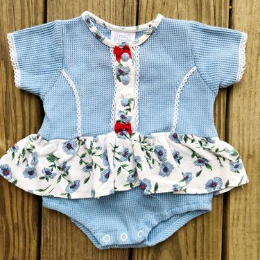 Vintage 80s Small Steps Light Blue White Red Floral Short Sleeve Dress One Piece Onesie Playsuit 6-9 Mos 6-9M 
