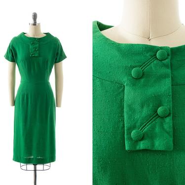 Vintage 1960s Wiggle Dress | 60s Kelly Green Linen Sheath Day Dress (x-small) 