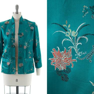 Vintage 1960s Jacket | 60s Reversible Asian Floral Satin Jacquard Teal Gold Frog Closures Coat (small) 