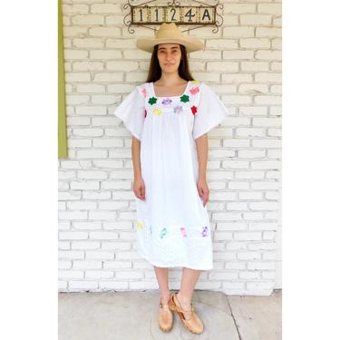 Crochet Pintuck Dress // vintage sun Mexican white pin-tucked floral 70s boho hippie cotton hippy midi // O/S 