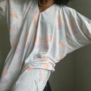 vintage butterfly print pastels art deco inspired batwing full length kaftan lounging robe 