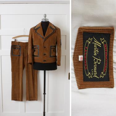 mens vintage 1970s corduroy suit • dark tan brown leather trim 2 piece • 70s buttoned jacket with oversized collar &amp; straight leg pants 