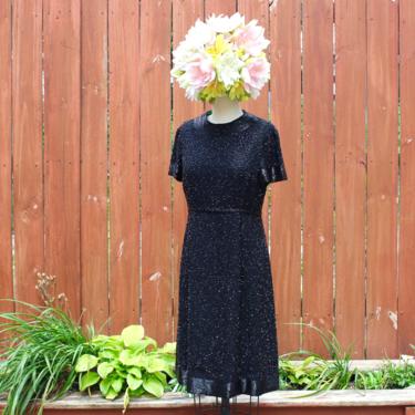 Vintage 1960s Larry Aldrich Designer Beaded Dress - Black Cocktail Party Dress Short Sleeves AS-IS - S 