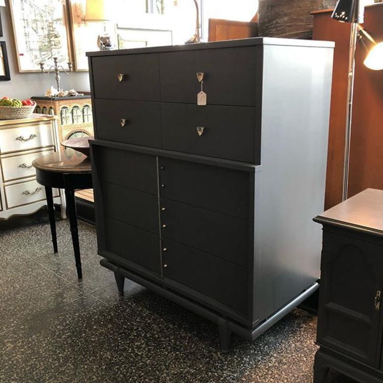                   Fabulous grey painted mcm chest of drawers - $595!