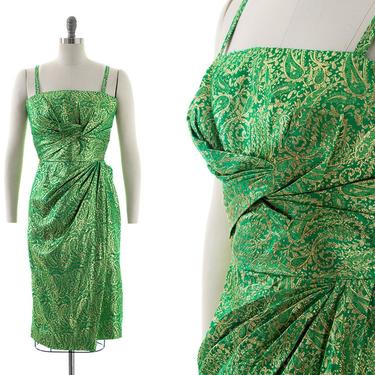 Vintage 1950s Party Dress | 50s DOROTHY O'HARA Metallic Paisley Green Brocade Sarong Sheath Formal Cocktail Evening Holiday Gown (medium) 