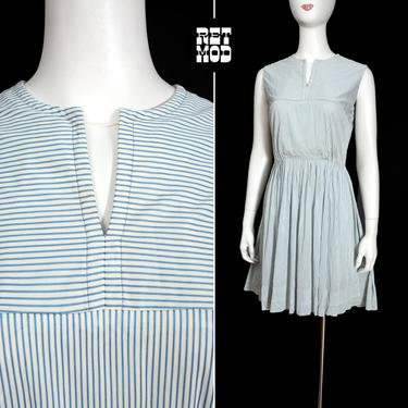 Easy Breezy Vintage 60s 70s Blue Stripe Nylon Fit and Flare Sleeveless Dress 