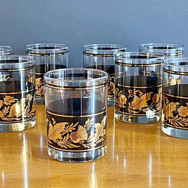 Vintage Cera glassware black & gold floral barware 4 Double old fashioned rocks glasses 22k gilt whiskey cocktail bar tumblers MINT 