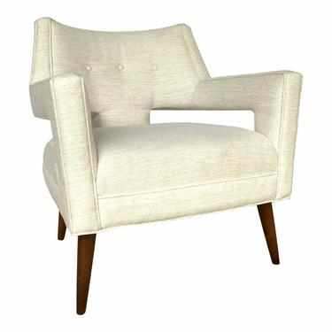 Mid-Century Modern Tufted White Linen Blend Lounge Chair