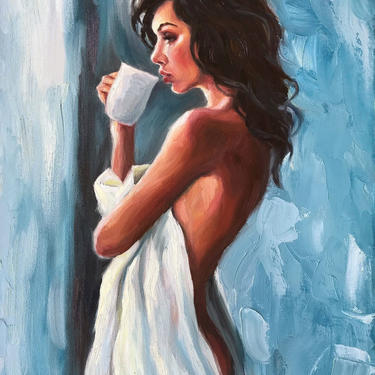 Female Figure, Extra Large Art Print from Original Oil Painting by Pat Kelley, Nude, 24x18, Beautiful Woman with Coffee, Expressionist 