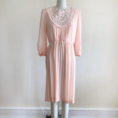 Pale Pink Dress with Lace Yoke and Pleated Skirt - 1980s 