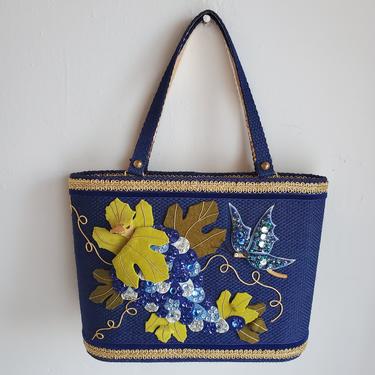 Attention to Detail 1960s Butterfly and Grapes Embellished Handbag Bright Blue Gold Vintage Treasure 