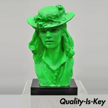 1979 Green Victorian Style Plaster Sculpture Woman Bust in Hat by Austin Prod.