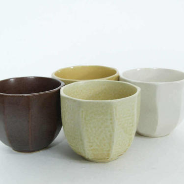 Beautiful Geometric Japanese Teacups, Brown, Cream. White, Caramel Set of 4, Made in Japan 