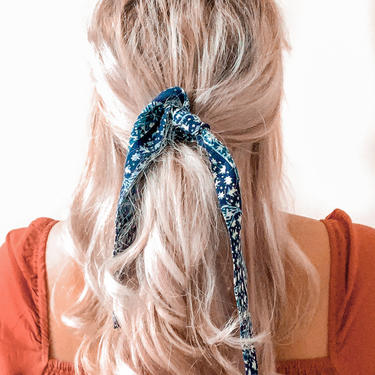 Bohemian Hair Ribbon / Neck Scarf  - AMELIA -  Blue / Navy / Floral  / white  / Ponytail holder/ Aztec / Tribal  / Adult Woman's Girls 
