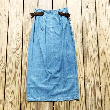 Vintage 90s AMI High Waisted Light Blue Denim Side Brown Suede Belt Buckles Western Style Tapered Full Length Maxi Skirt S 