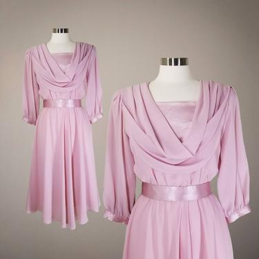 Vintage Pink Chiffon Cocktail Dress, Medium / Satin Trimmed Belted Party Dress / Pink Voile Swing Dress / 90s Flared Skirt Summer Midi Dress 