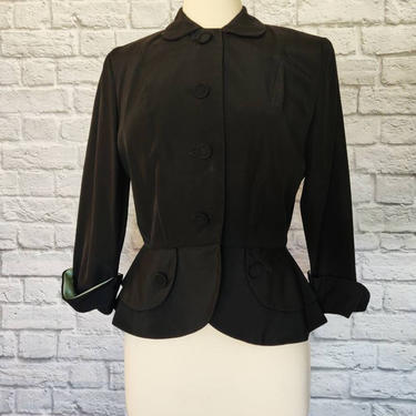 Vintage 1940s Jacket // Button-Up Black Peplum Blazer 