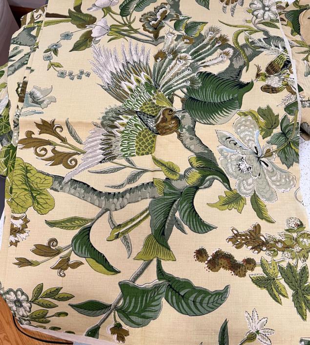48” Wide vtg fabric BTY barkcloth floral fauna birds pink green beige Gorgeous 