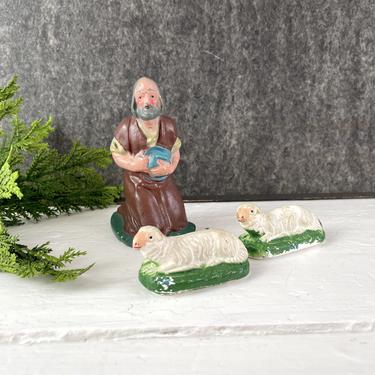 Nativity shepherd and two sheep - vintage chalkware figures 