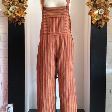 1990s cotton overalls, vintage bib overalls, made in india, orange striped pants, size medium, bohemian style, festival style 