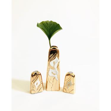 Vintage Brass Peace Lily Salt and Pepper Shakers with Vase 
