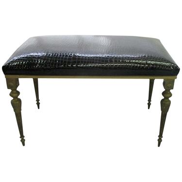 Italian Midcentury Bronze Bench with Faux Alligator Black Patent Leather