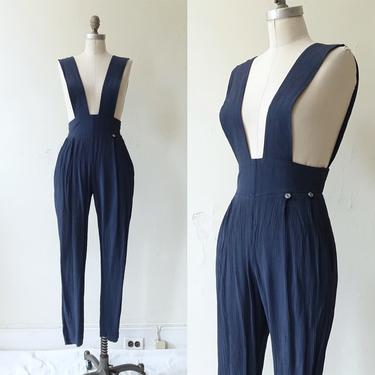 Vintage 90s Micro Pleat Suspender Pants/ 1990s High Waisted Crinkle Jumpsuit Overalls/ Size Small Medium 