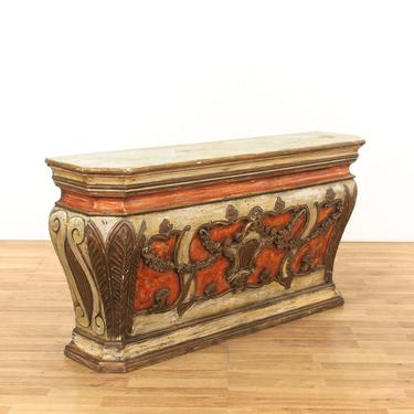 White Gold & Red Carved Distressed Console Table