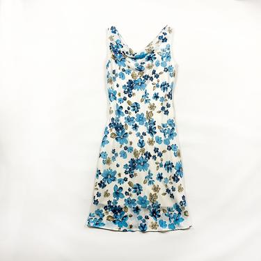 90s Blue and White Floral Midi Dress / Cowl Neck / Bias Cut / Textured / Sheer Overlay / Size 10 / y2k / Fluttery / 00s / Millenium / Medium 