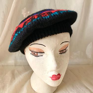 Knit Beret, Vintage Hat, Multi Snowflake Pattern, Black, 70s 80s Winter Wear 
