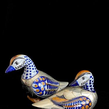Vintage Set of 2 Modern Brass Metal & Ceramic Pottery DUCK Sculpture Bird Figurine Mexico Mexican Tonala 
