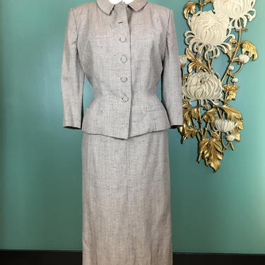 1940s gray suit, bests apparel, vintage 40s suit, flecked wool suit, medium large, skirt and blazer, 30 waist, fitted 2 piece suit, jacket 