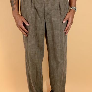 Vintage Levis Dockers Brown Plaid Striped Check Pleated Trousers Pants 32x32 