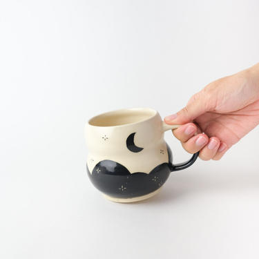 Handmade ceramic mug (moon) minimal pottery, whimsical white cup starry night sky moon 