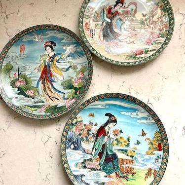 Set of 3 Antique 991 Imperial Jingdezhen Porcelain Plates - The Lotus Goddess Flower, Lady & Butterflies, and Chrysanthemum Goddess Flower by LeChalet