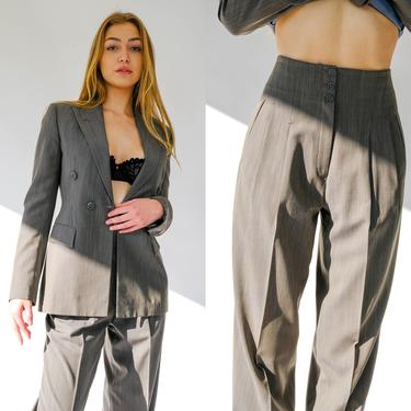 Vintage 90s Richard Tyler Couture Blue Gray Earthtone Stripe Double Breasted Blazer & Pant Suit | Made in USA | 1990s Designer Power Suit 